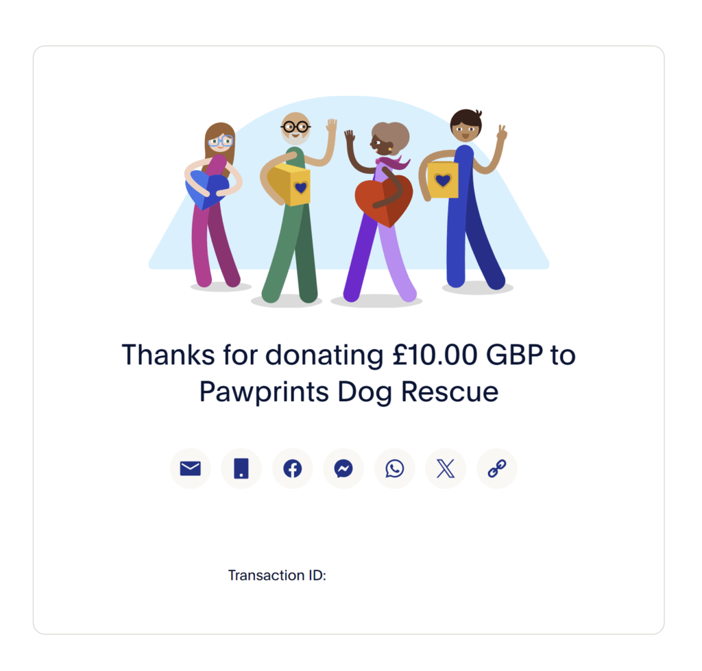 Screenshot of a £10 donation to Pawprints Dog Rescue